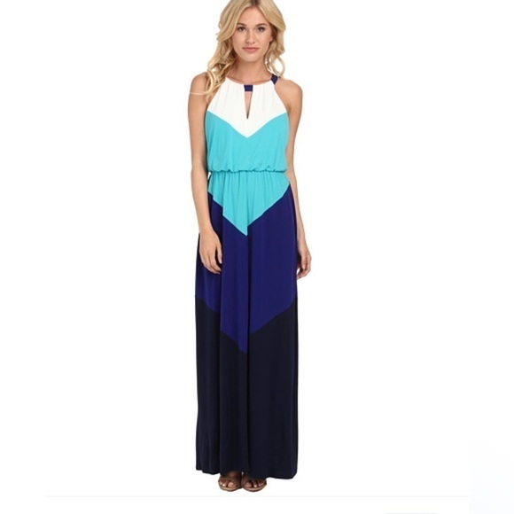 Vince Camuto Colorblock Chevron
Halter Maxi Dress blue teal white - Picture 1 of 9